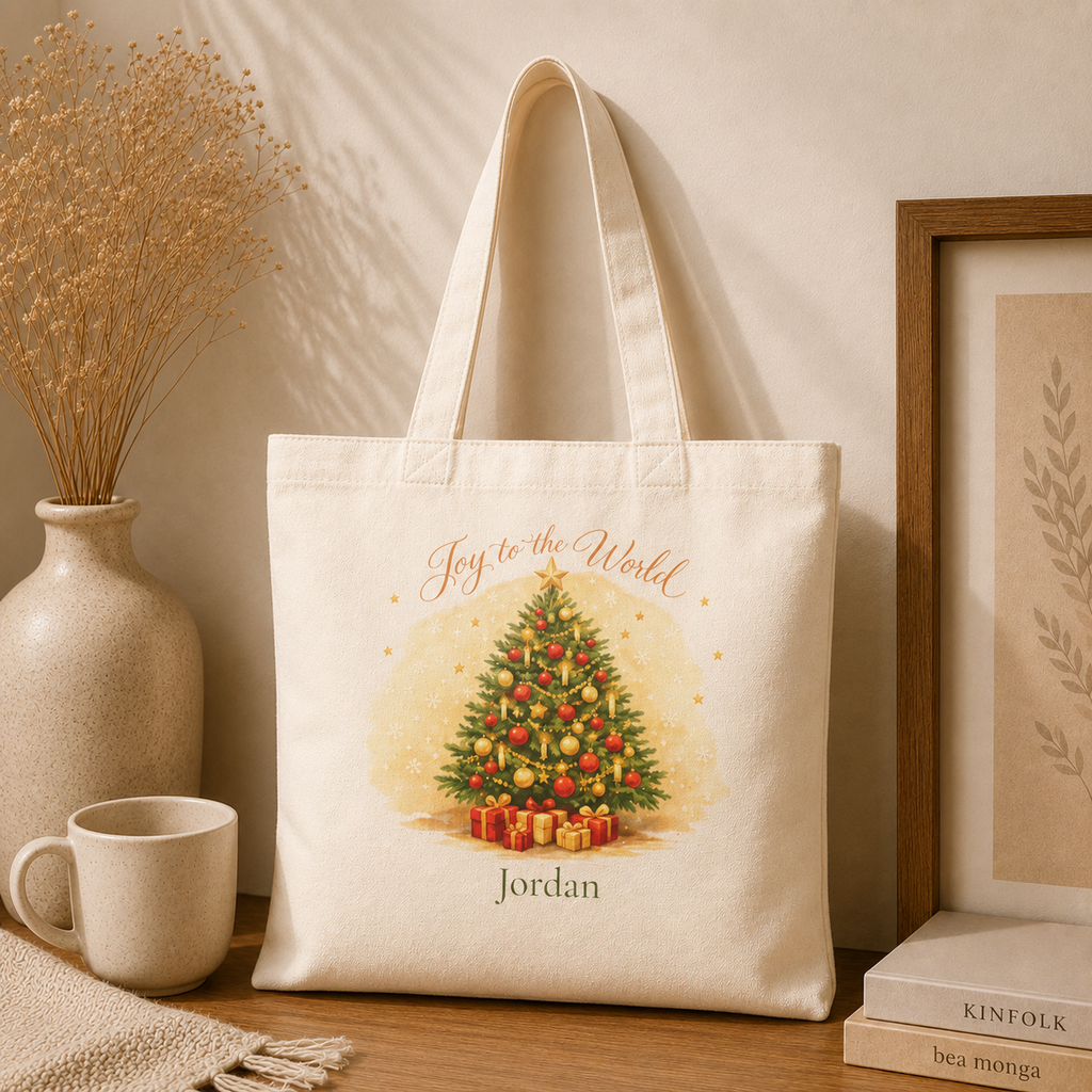 Joy to the World Christmas tree personalized tote carried over the shoulder, lifestyle shot
