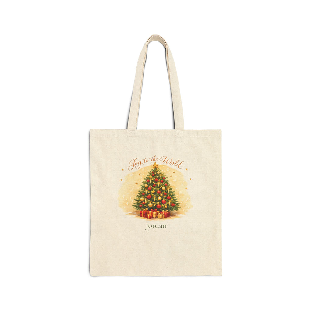 Personalized Joy to the World Christmas tree canvas tote bag with custom name