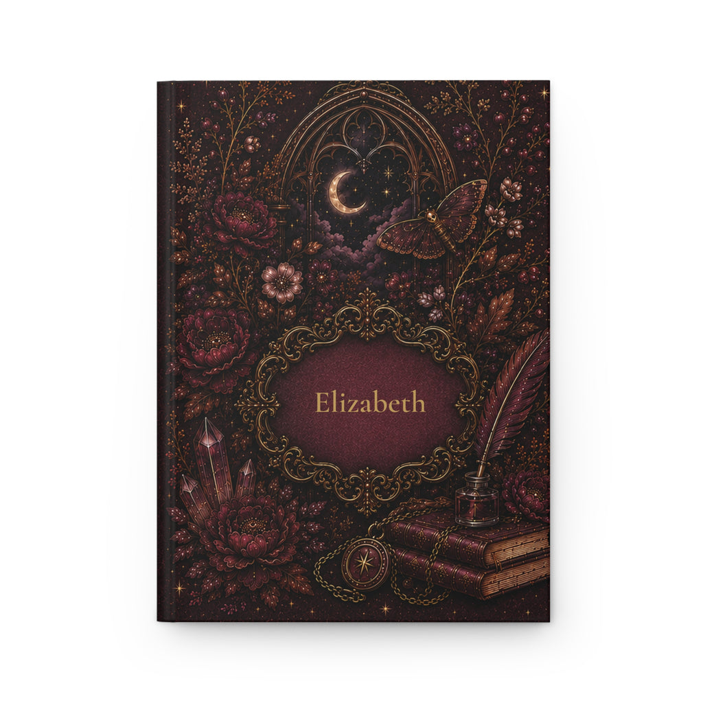 Dark Academia personalized journal open flat showing custom name in gothic frame with moody florals