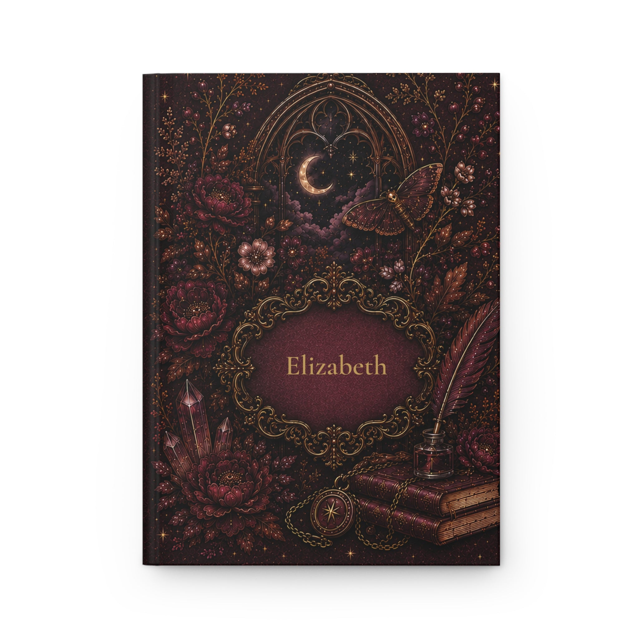 Dark Academia personalized journal open flat showing custom name in gothic frame with moody florals