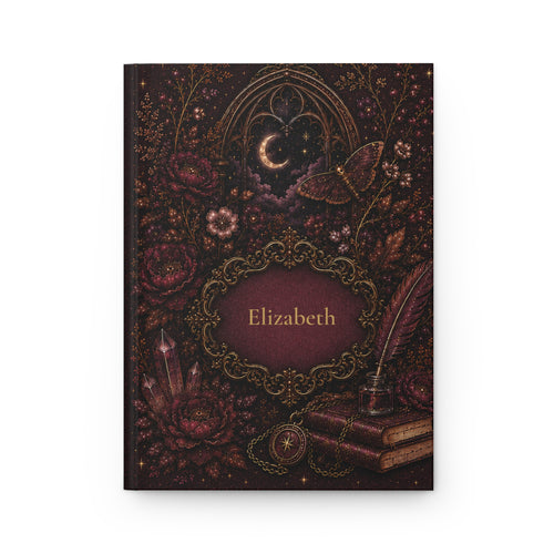 Dark Academia personalized journal open flat showing custom name in gothic frame with moody florals