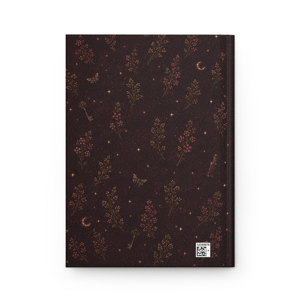 Dark Academia journal styled on a wooden desk with coffee and pen, flat lay