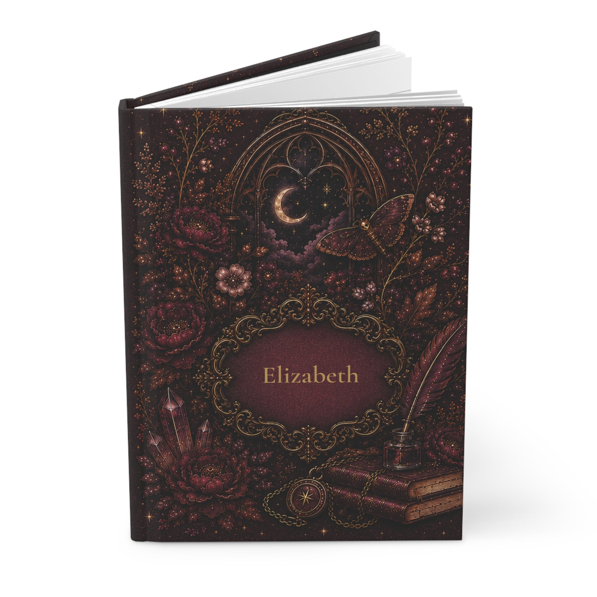 Close-up of the Dark Academia journal cover showing gothic frame and personalized name