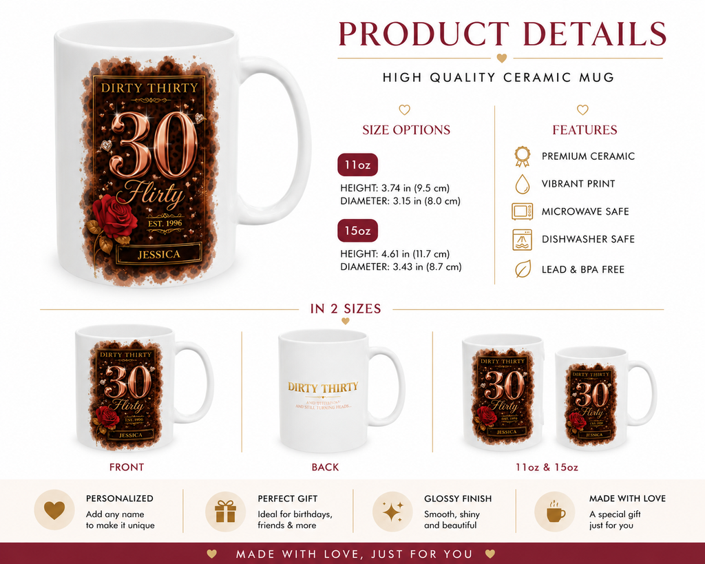 Personalized dirty thirty mug displayed on a cozy morning table