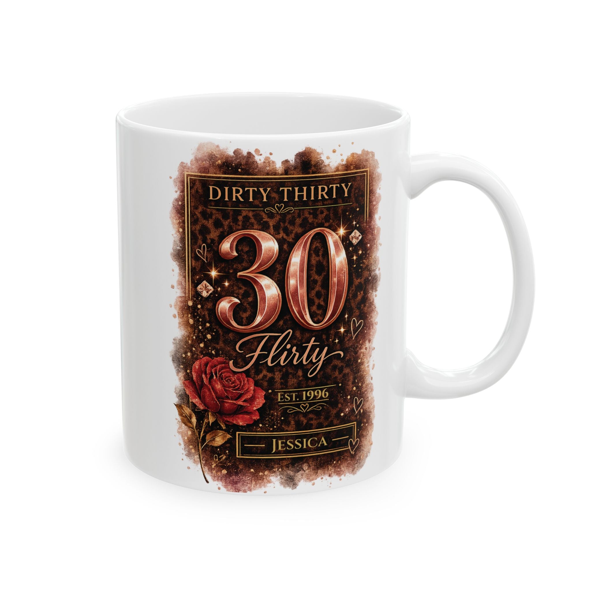 Personalized Dirty Thirty birthday mug with rose-gold 30 and dark leopard print