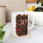 Women's 30th birthday mug showing 11oz and 15oz size options