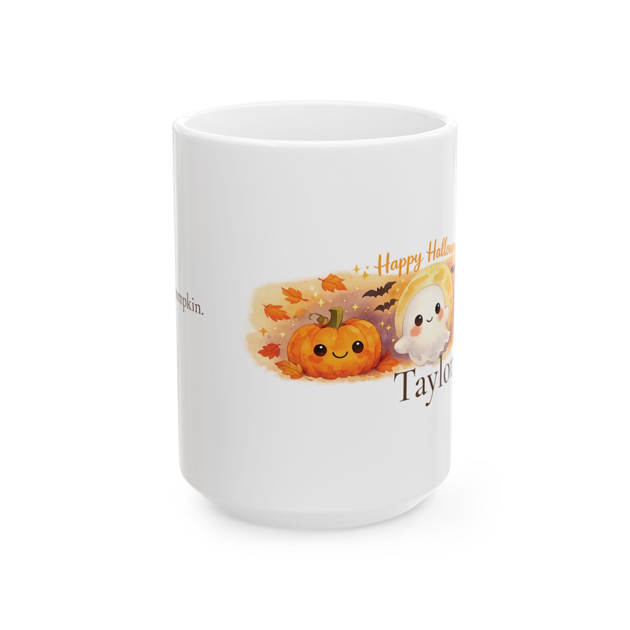 Happy Halloween mug shown alongside autumn decor