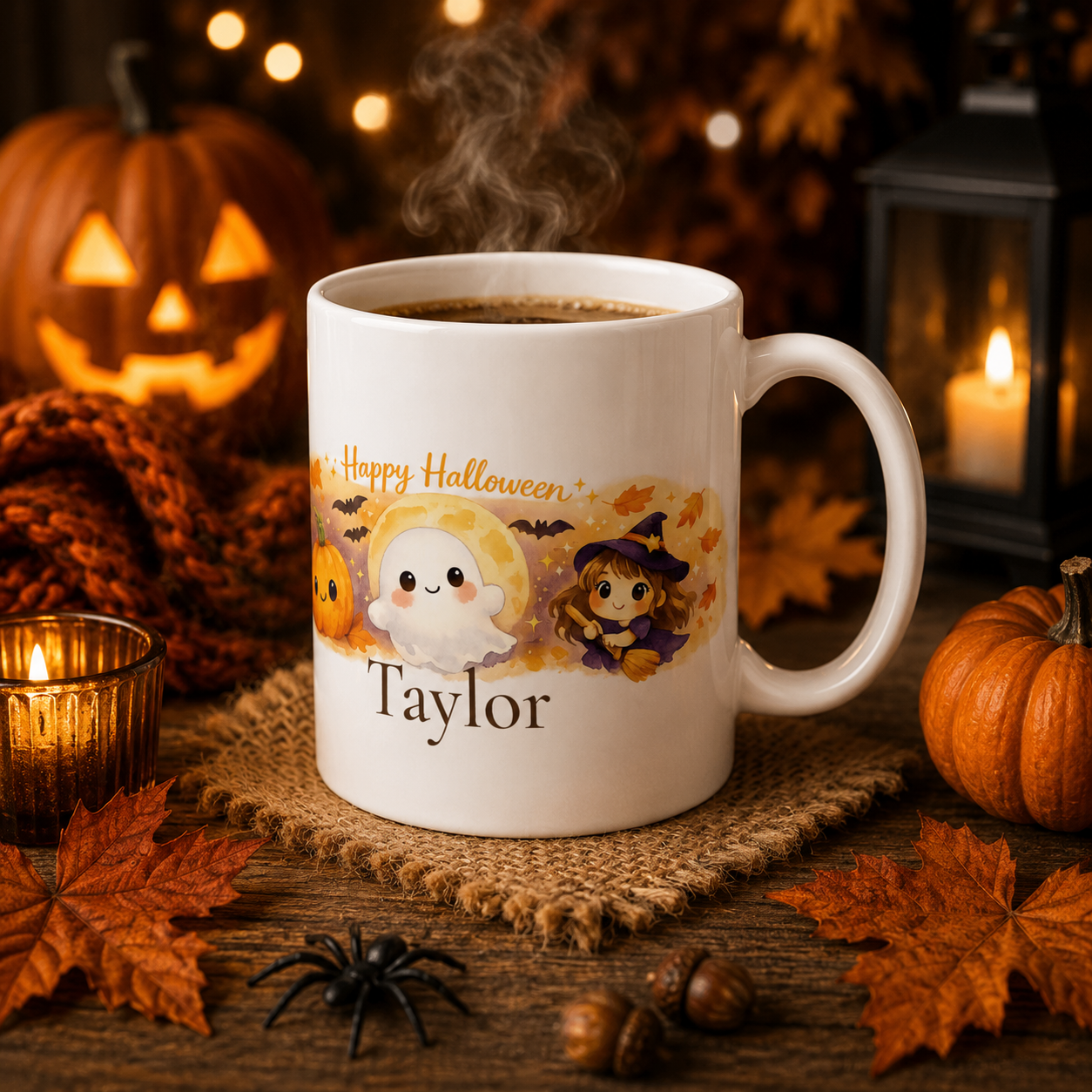 Happy Halloween mug displayed on a table with autumn decor