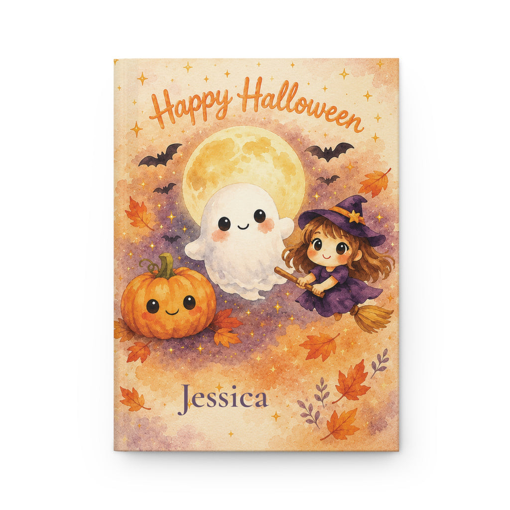 Happy Halloween personalized journal open flat showing custom name on cover with ghost, pumpkin, and witch illustration