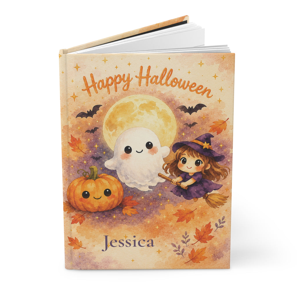 Close-up of the Happy Halloween journal cover showing pumpkin and ghost illustration and personalized name