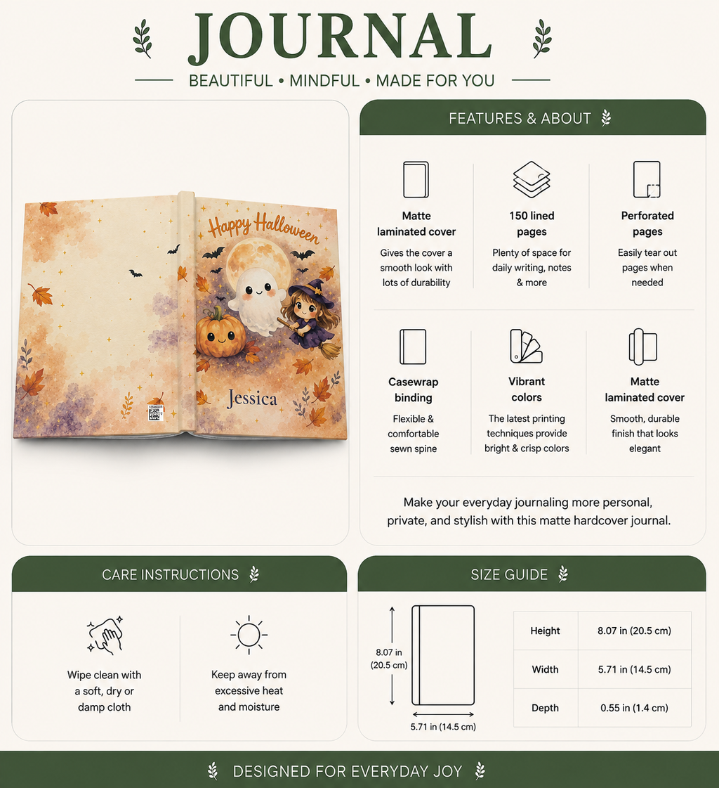 Happy Halloween personalized journal styled with autumn leaves and pumpkins as a seasonal gift