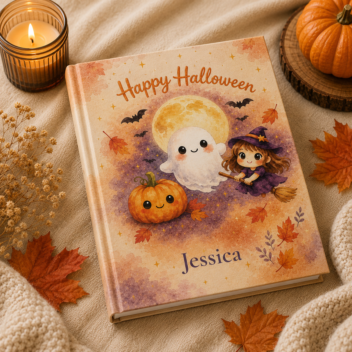 Closed Happy Halloween hardcover journal standing upright showing the spine