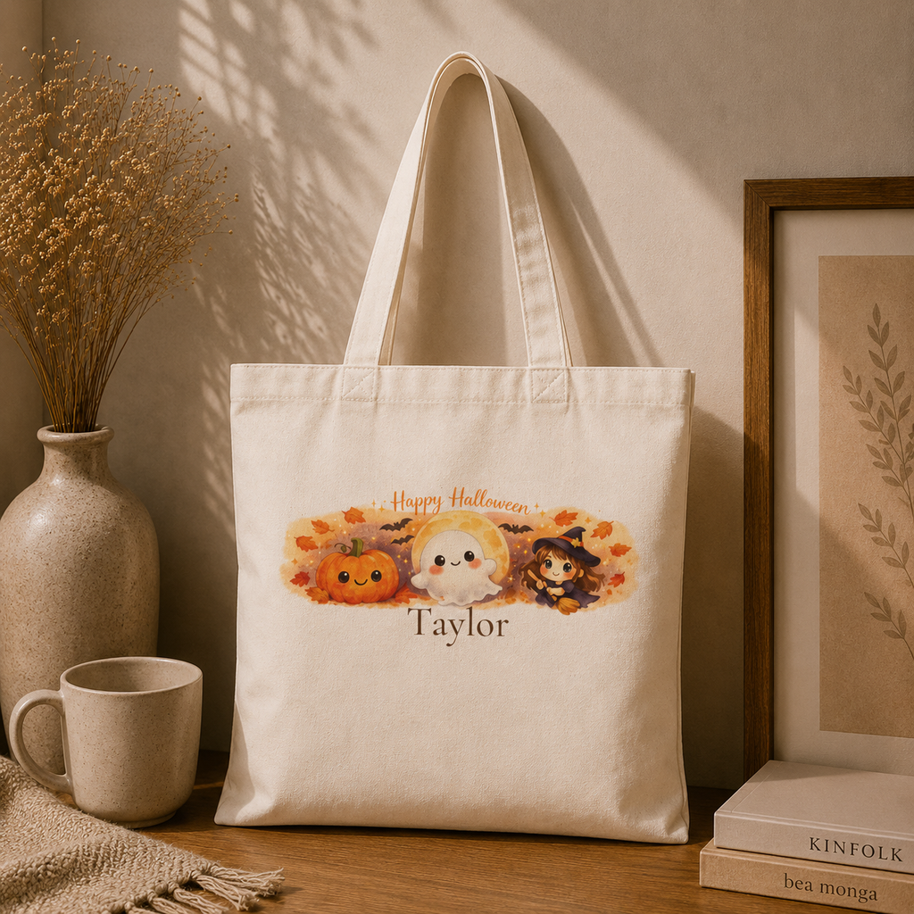 Happy Halloween personalized tote carried over the shoulder, lifestyle shot
