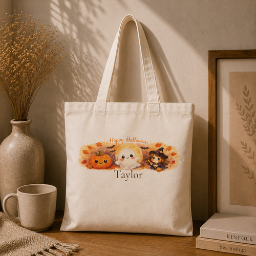 Happy Halloween personalized tote carried over the shoulder, lifestyle shot