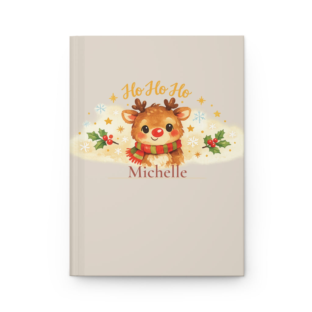 Ho Ho Ho personalized journal open flat showing custom name on cover with cute reindeer illustration