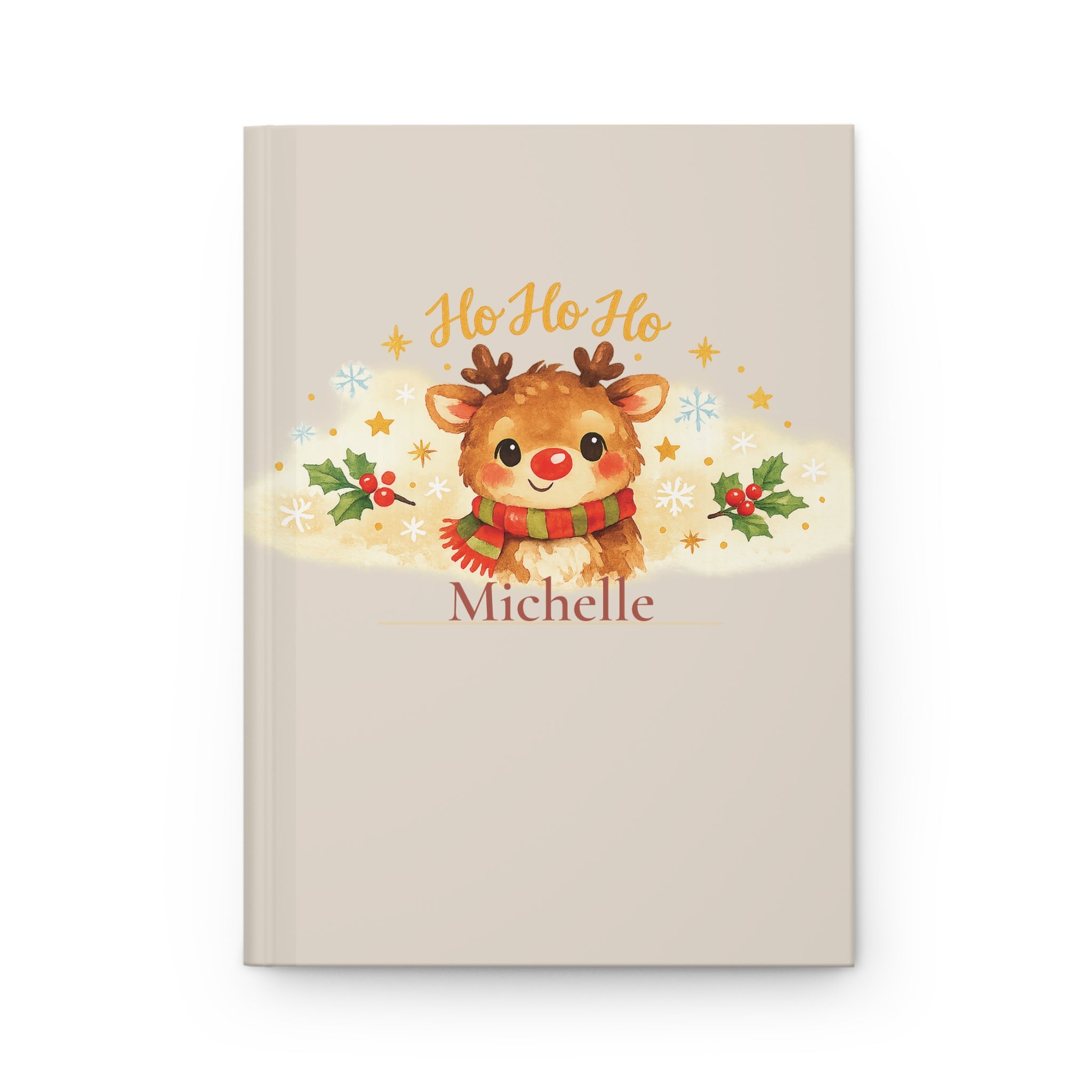 Ho Ho Ho personalized journal open flat showing custom name on cover with cute reindeer illustration