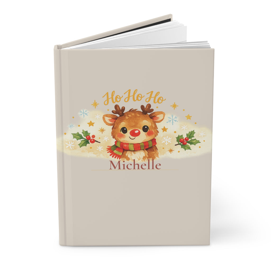 Close-up of the Ho Ho Ho journal cover showing reindeer illustration and personalized name
