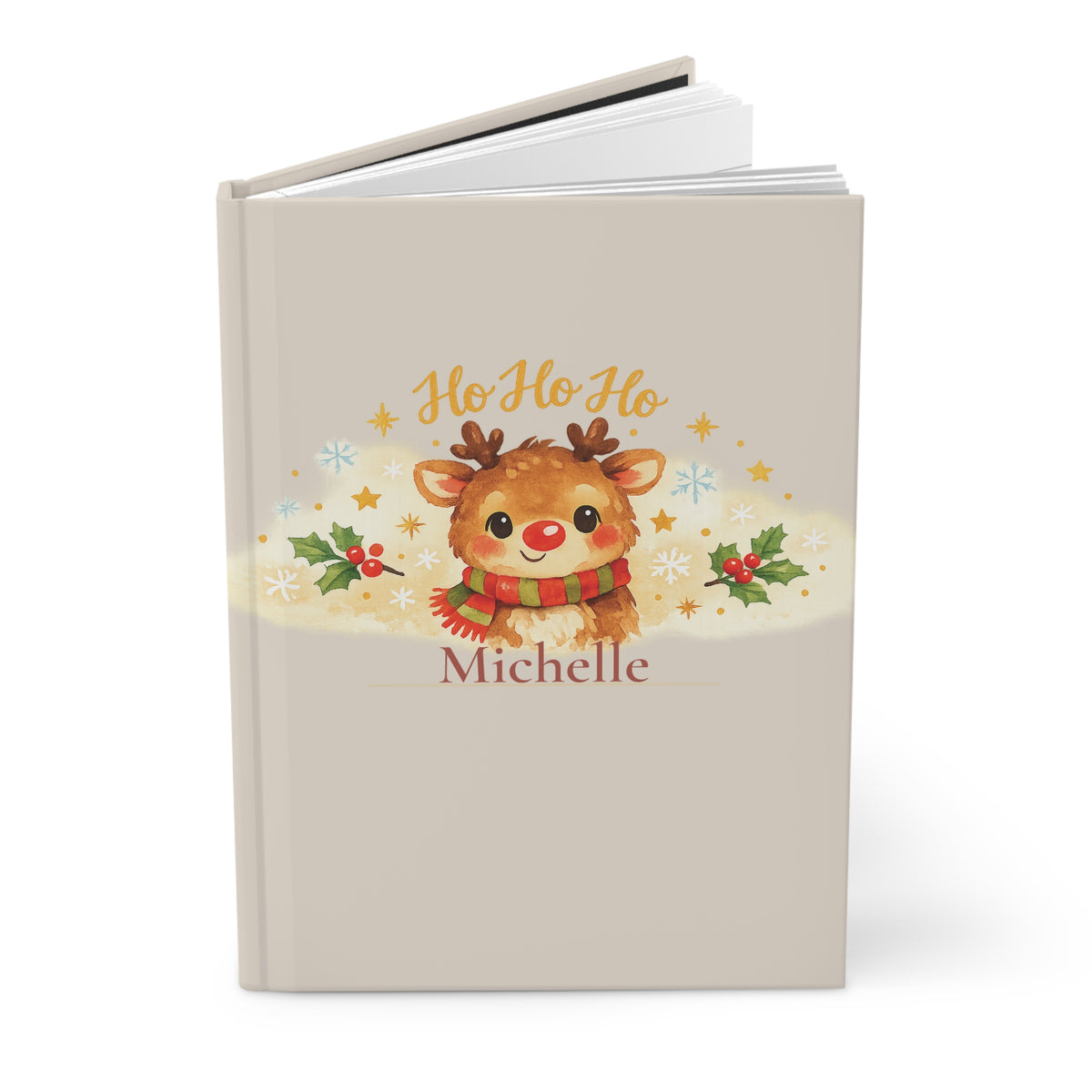 Close-up of the Ho Ho Ho journal cover showing reindeer illustration and personalized name