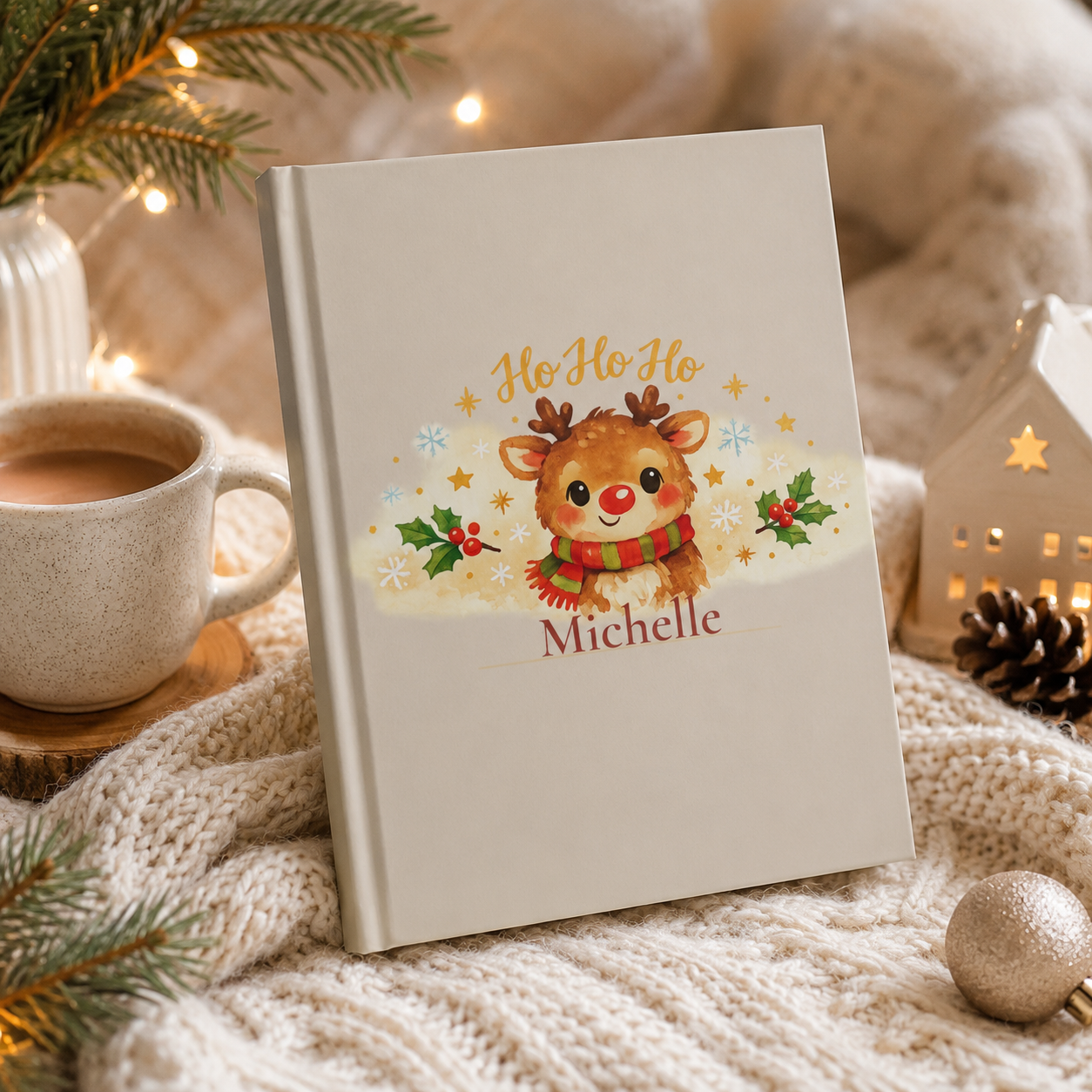 Closed Ho Ho Ho hardcover journal standing upright showing the spine