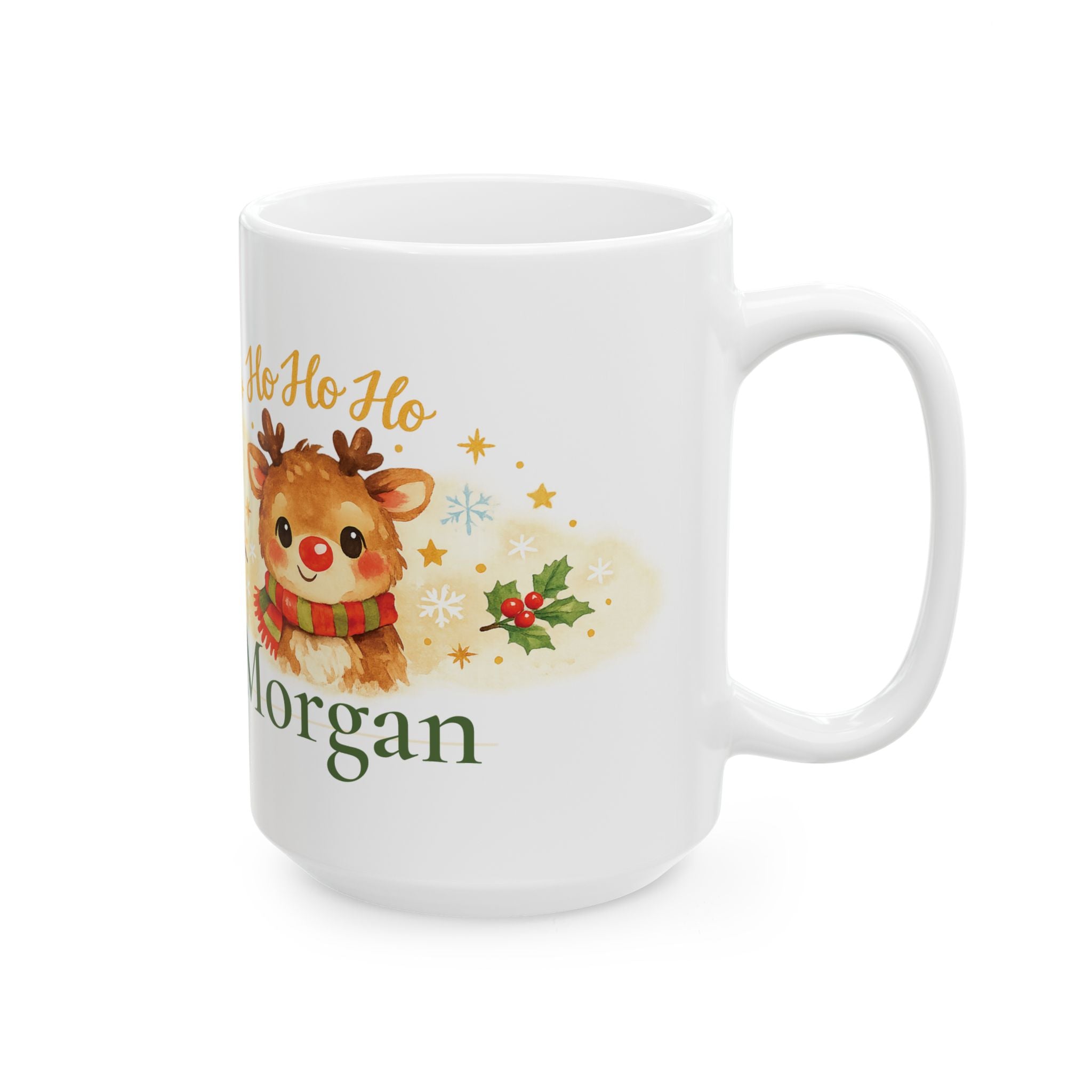 Close-up of the reindeer and holly design on the Christmas mug