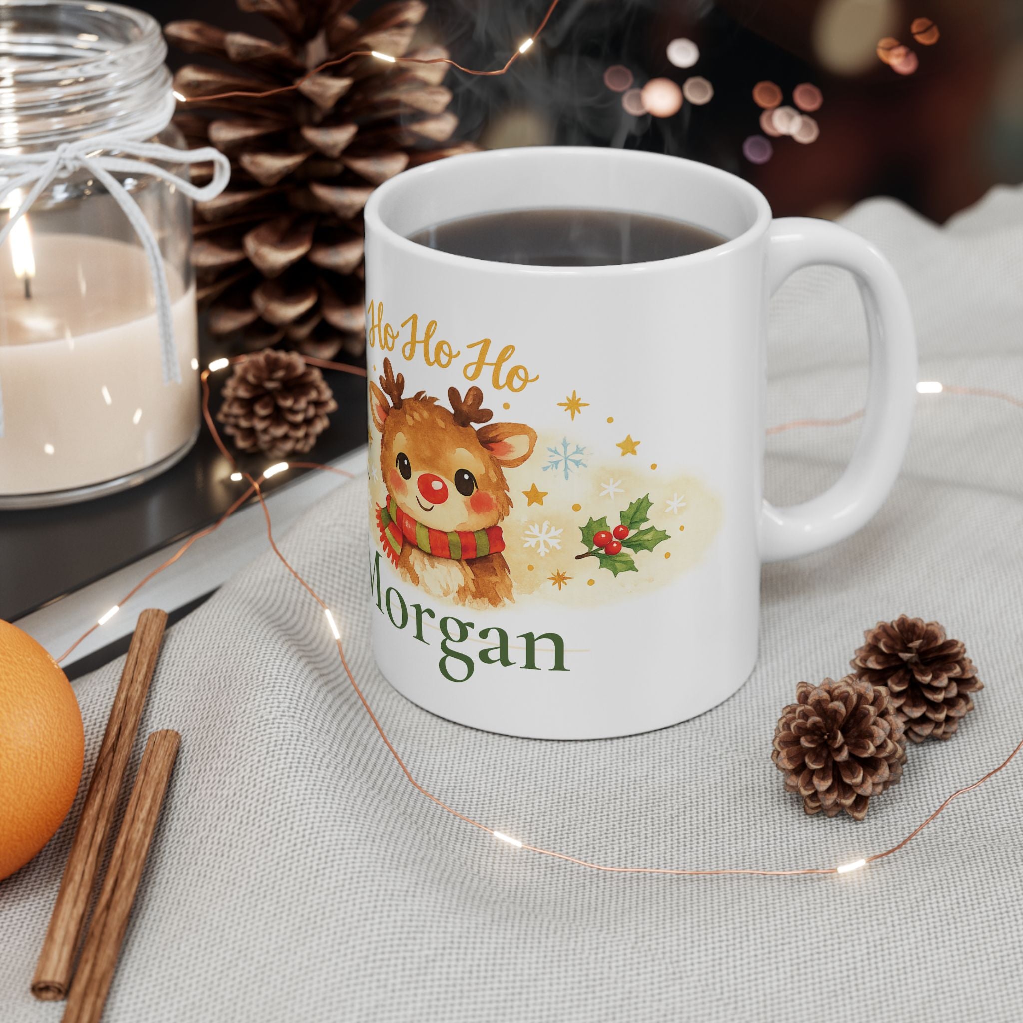 Ho Ho Ho reindeer mug shown in gift packaging