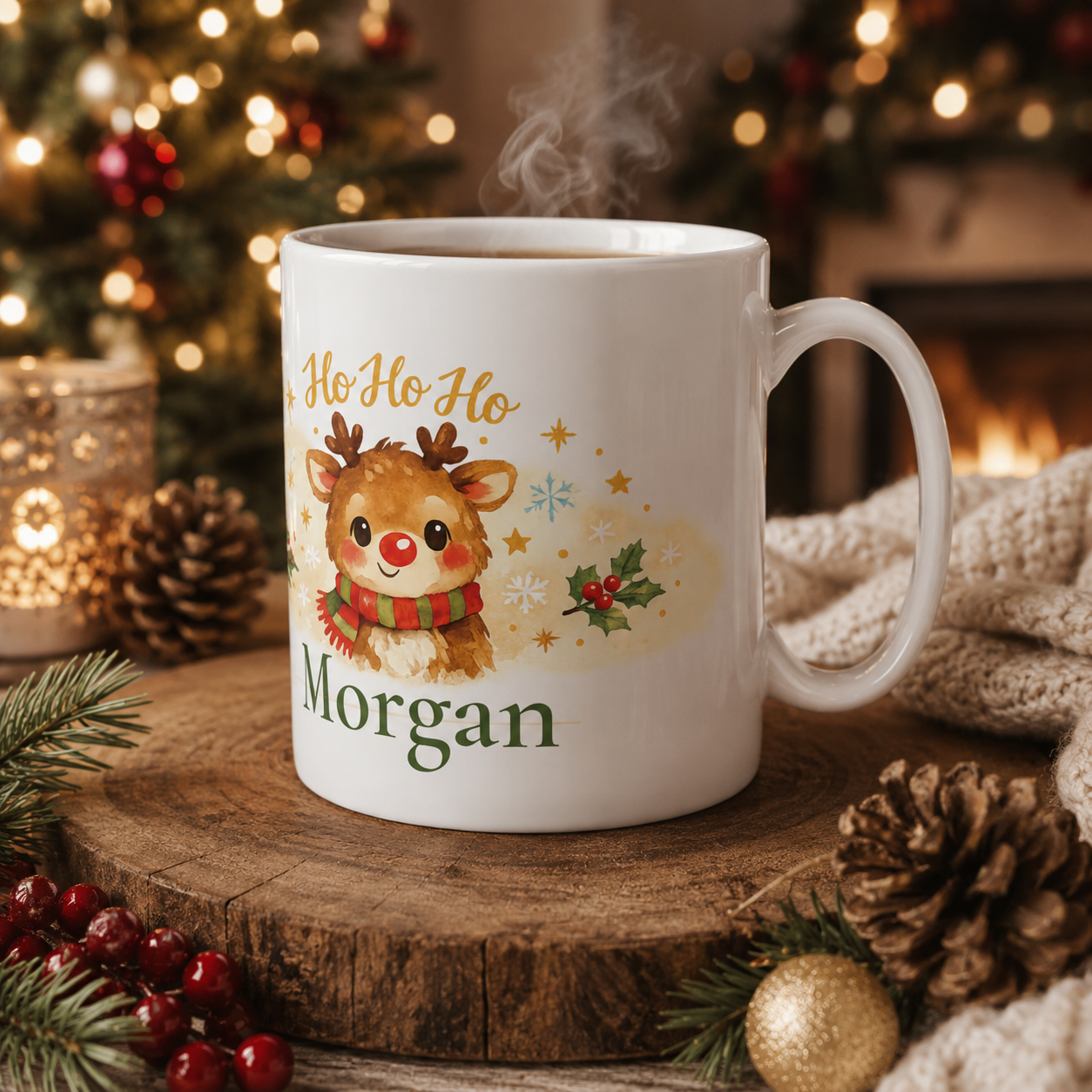 Ho Ho Ho reindeer mug displayed on a table with holiday decor