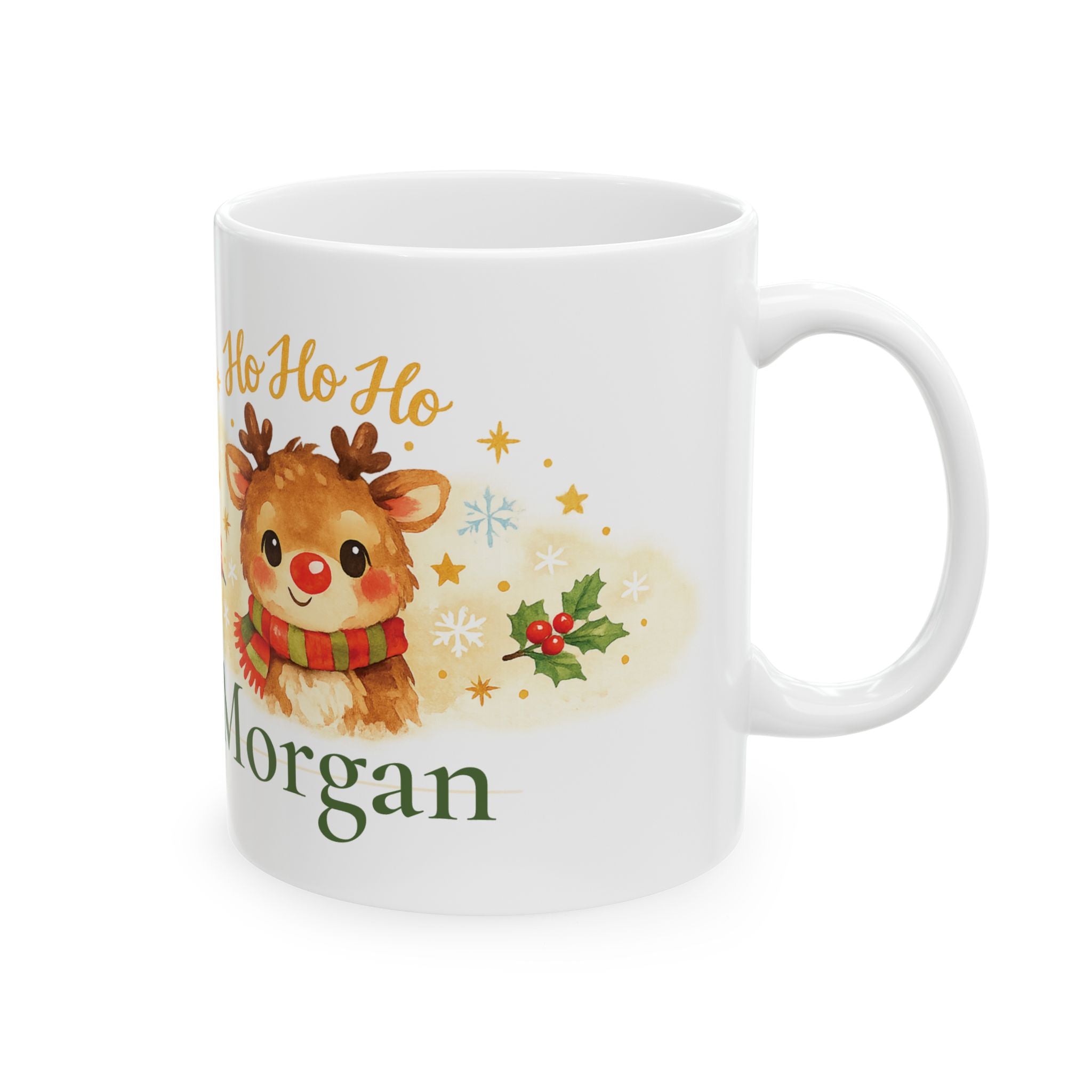 Ho Ho Ho personalized Christmas mug with cute reindeer design and custom name