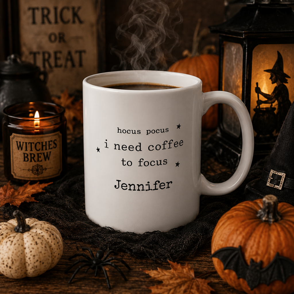Hocus pocus coffee mug displayed on a kitchen counter