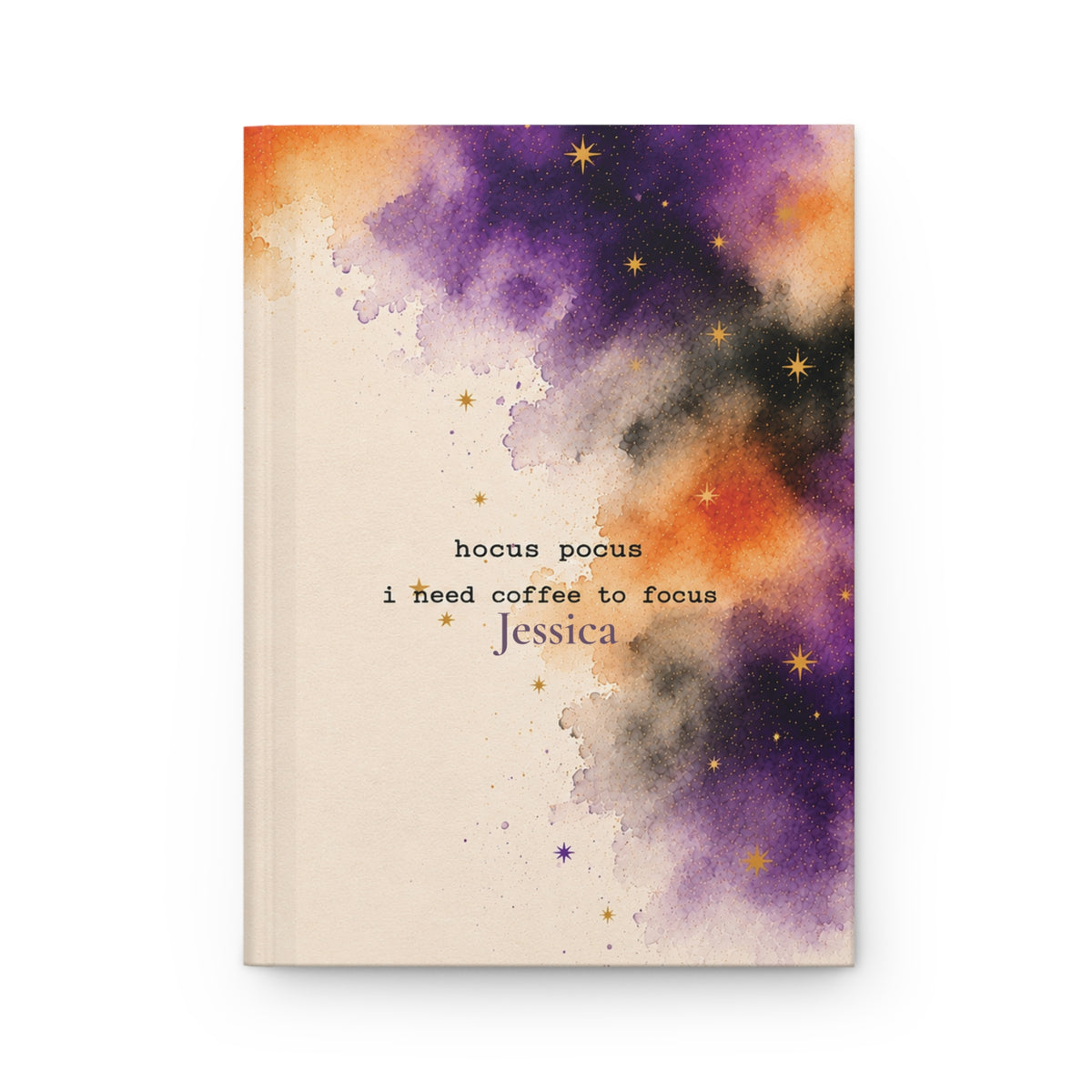 Hocus Pocus I Need Coffee to Focus personalized journal open flat showing custom name on cover