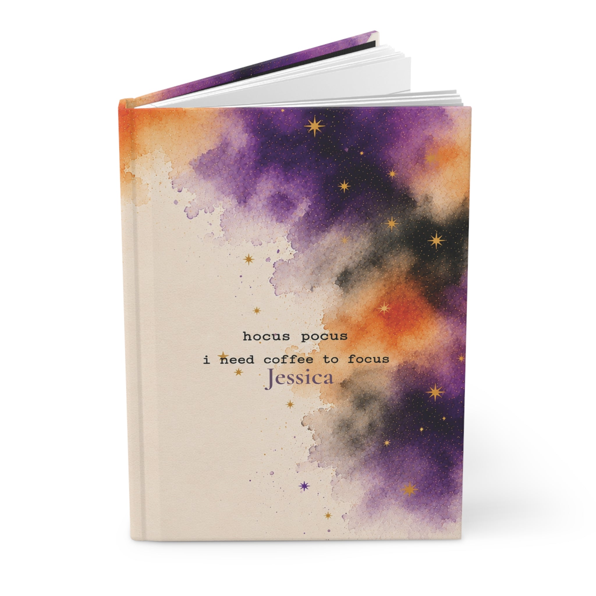 Close-up of the Hocus Pocus I Need Coffee to Focus journal cover showing personalized name