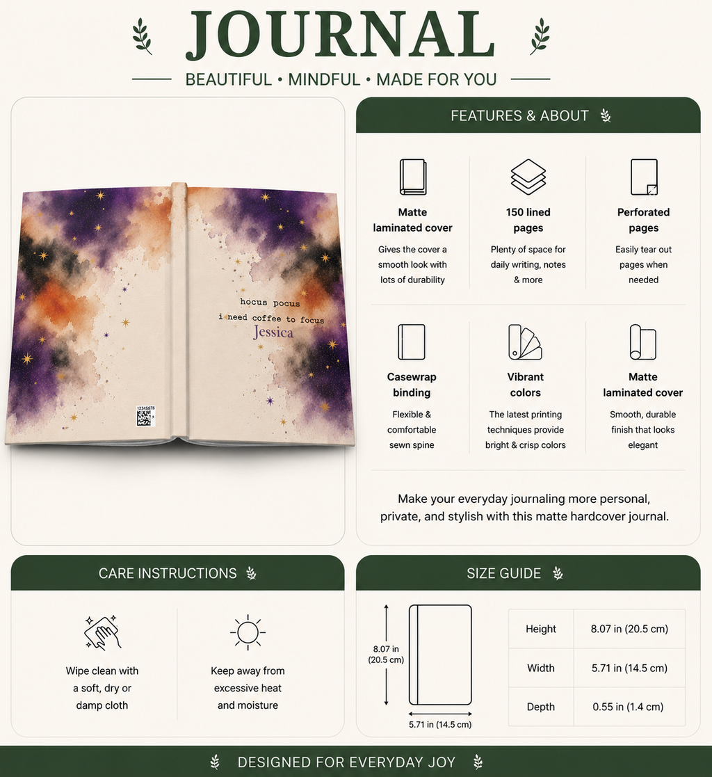 Hocus Pocus I Need Coffee to Focus personalized journal styled with autumn leaves and pumpkins as a seasonal gift