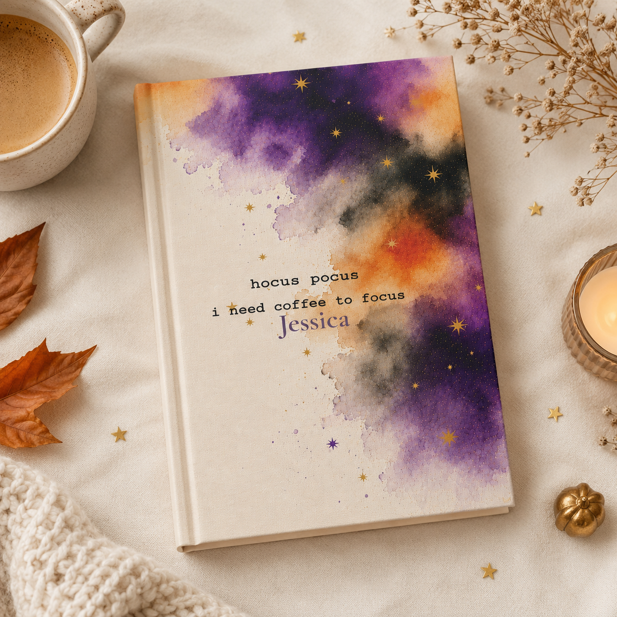 Closed Hocus Pocus I Need Coffee to Focus hardcover journal standing upright showing the spine