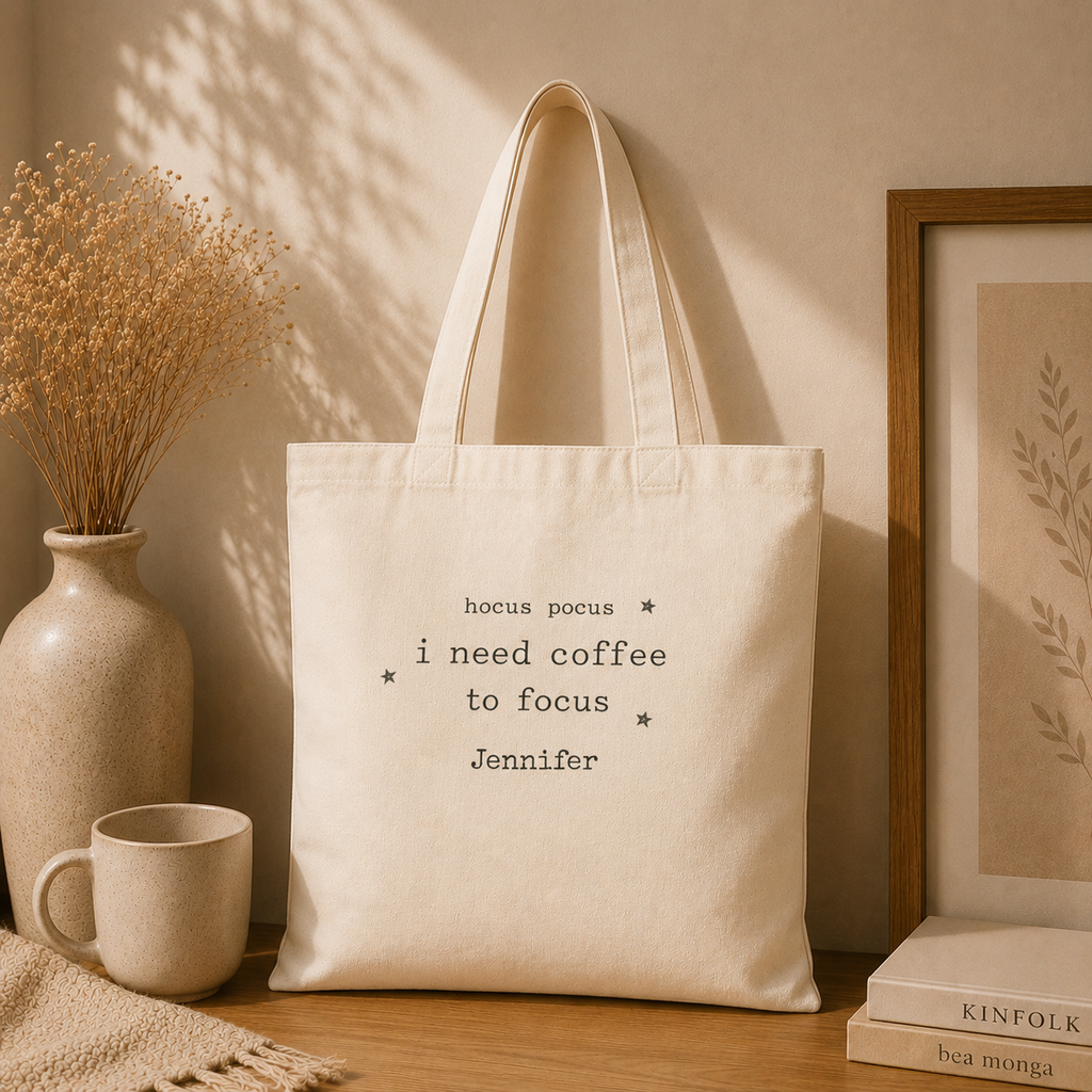 Hocus Pocus Coffee to Focus personalized tote carried over the shoulder, lifestyle shot