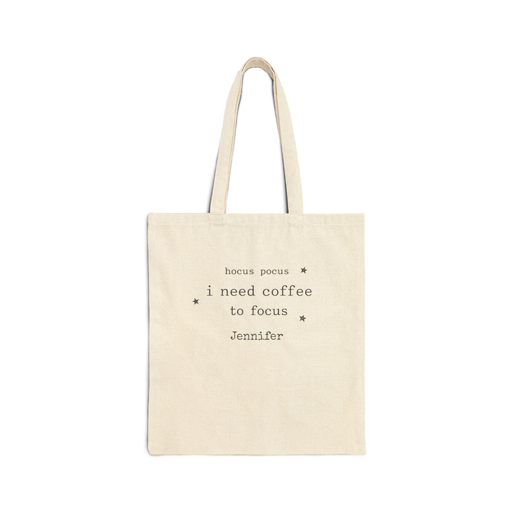Personalized Hocus Pocus Coffee to Focus canvas tote bag with custom name