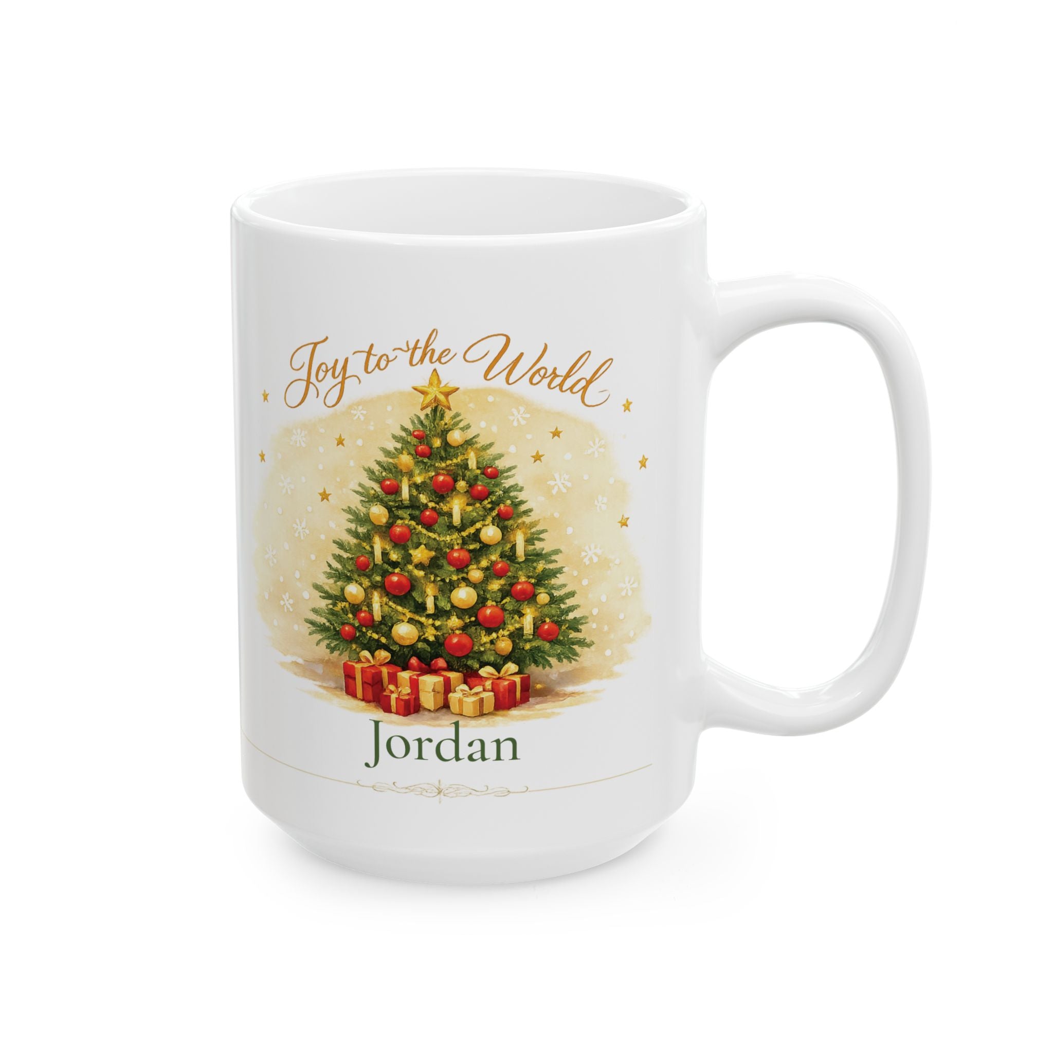 Close-up of the Christmas tree and ornaments design on the mug