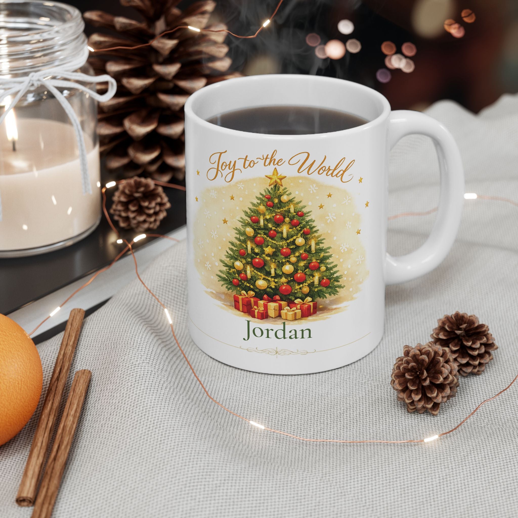 Joy to the World mug shown in gift packaging
