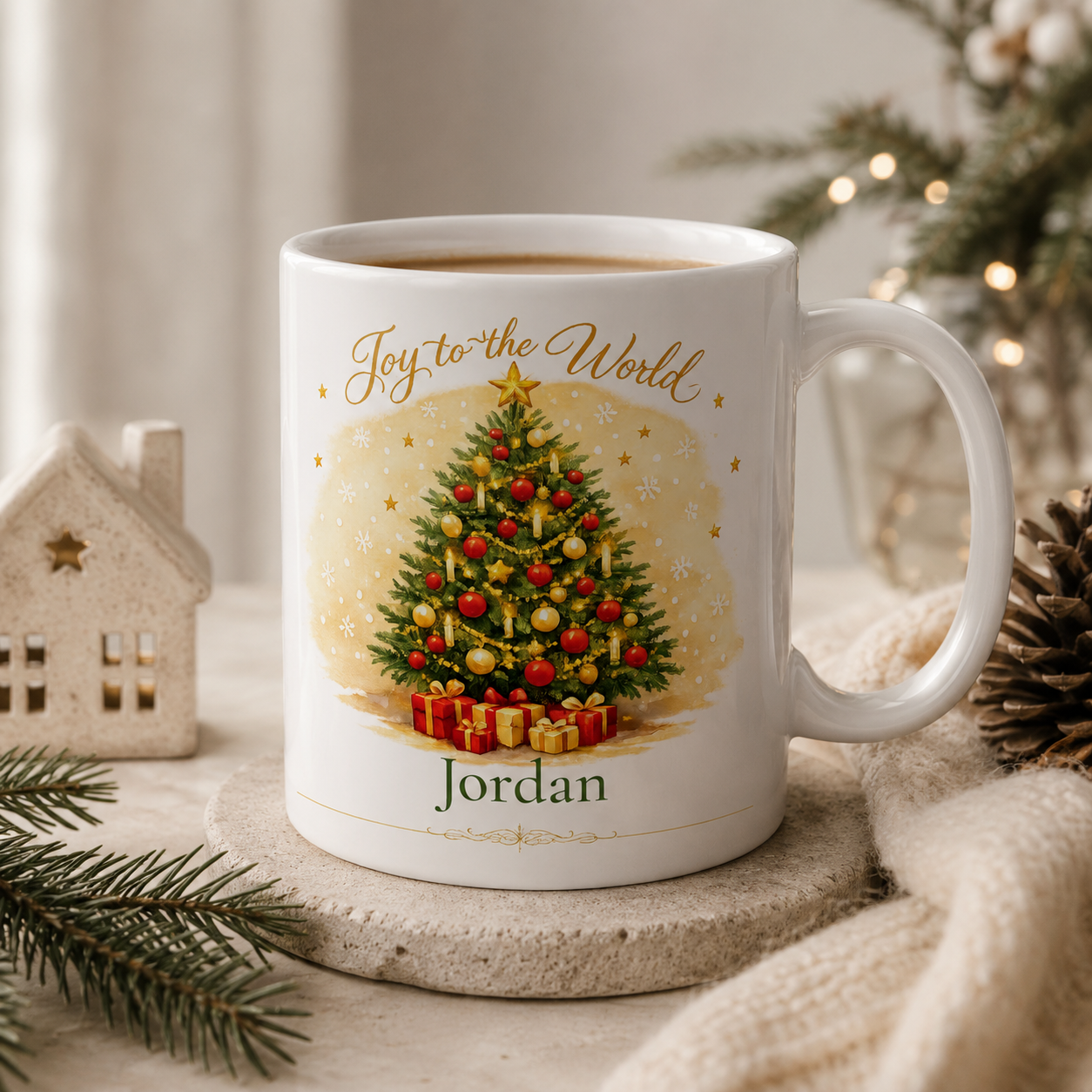 Joy to the World mug displayed on a table with holiday decor