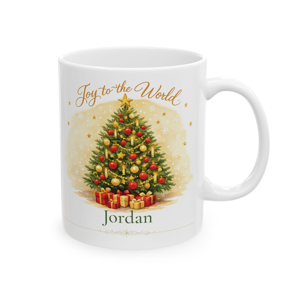 Joy to the World personalized Christmas mug with decorated tree design and custom name