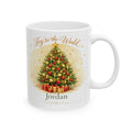 Joy to the World personalized Christmas mug with decorated tree design and custom name