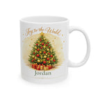 Joy to the World personalized Christmas mug with decorated tree design and custom name