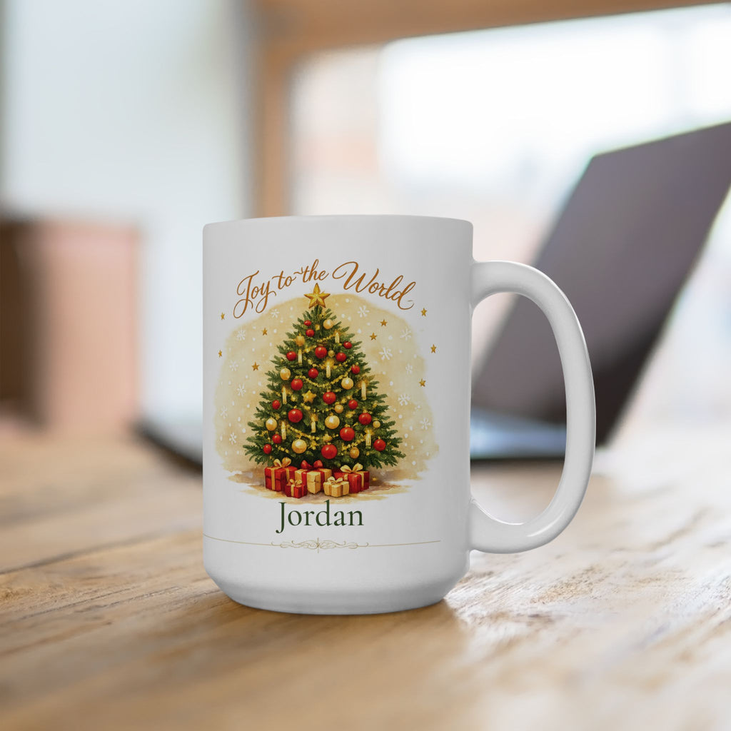 Joy to the World mug displayed on a shelf