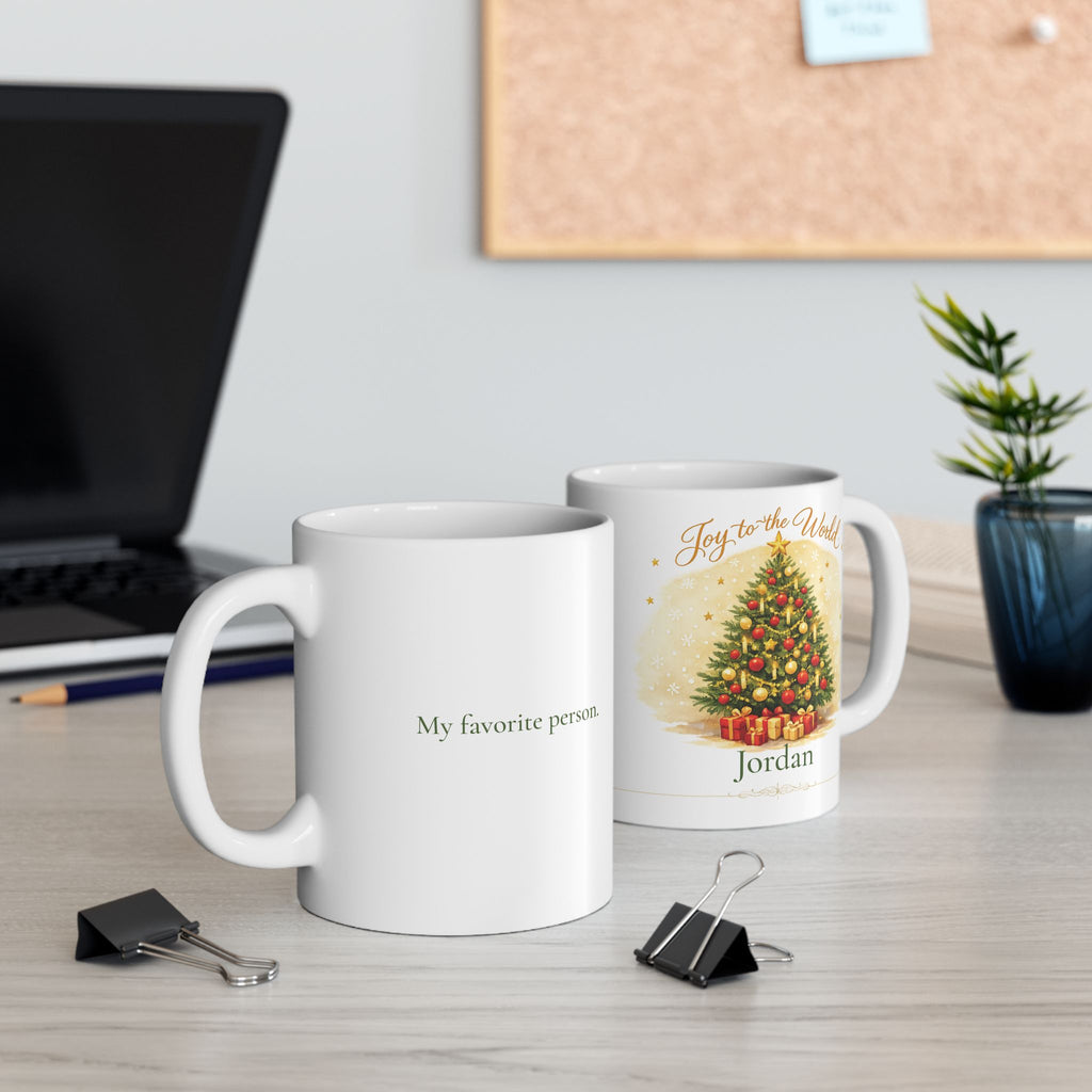11oz and 15oz size comparison of the Joy to the World mug