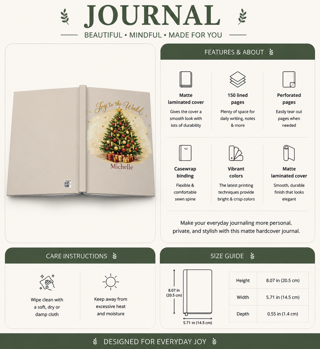 Joy to the World personalized journal styled near a Christmas tree as a holiday gift