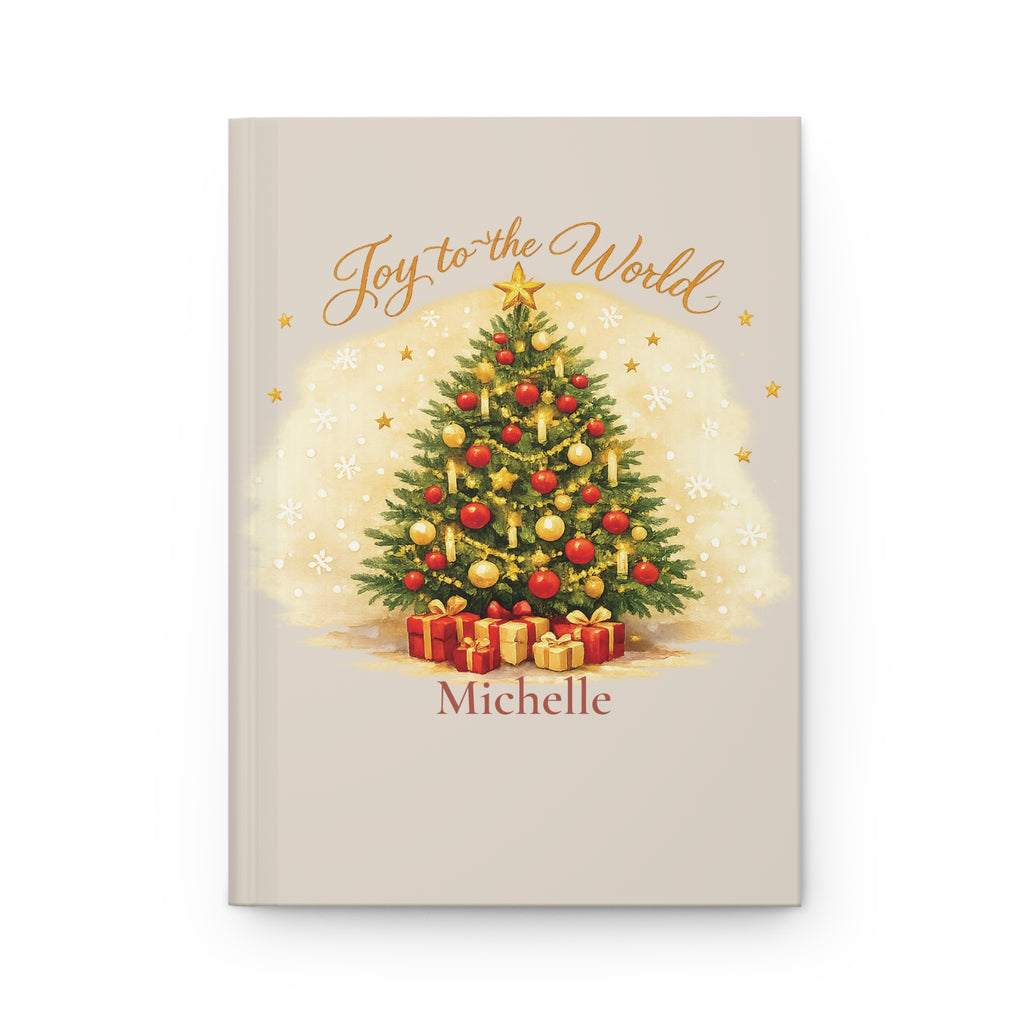 Joy to the World personalized journal open flat showing custom name on cover with Christmas tree illustration