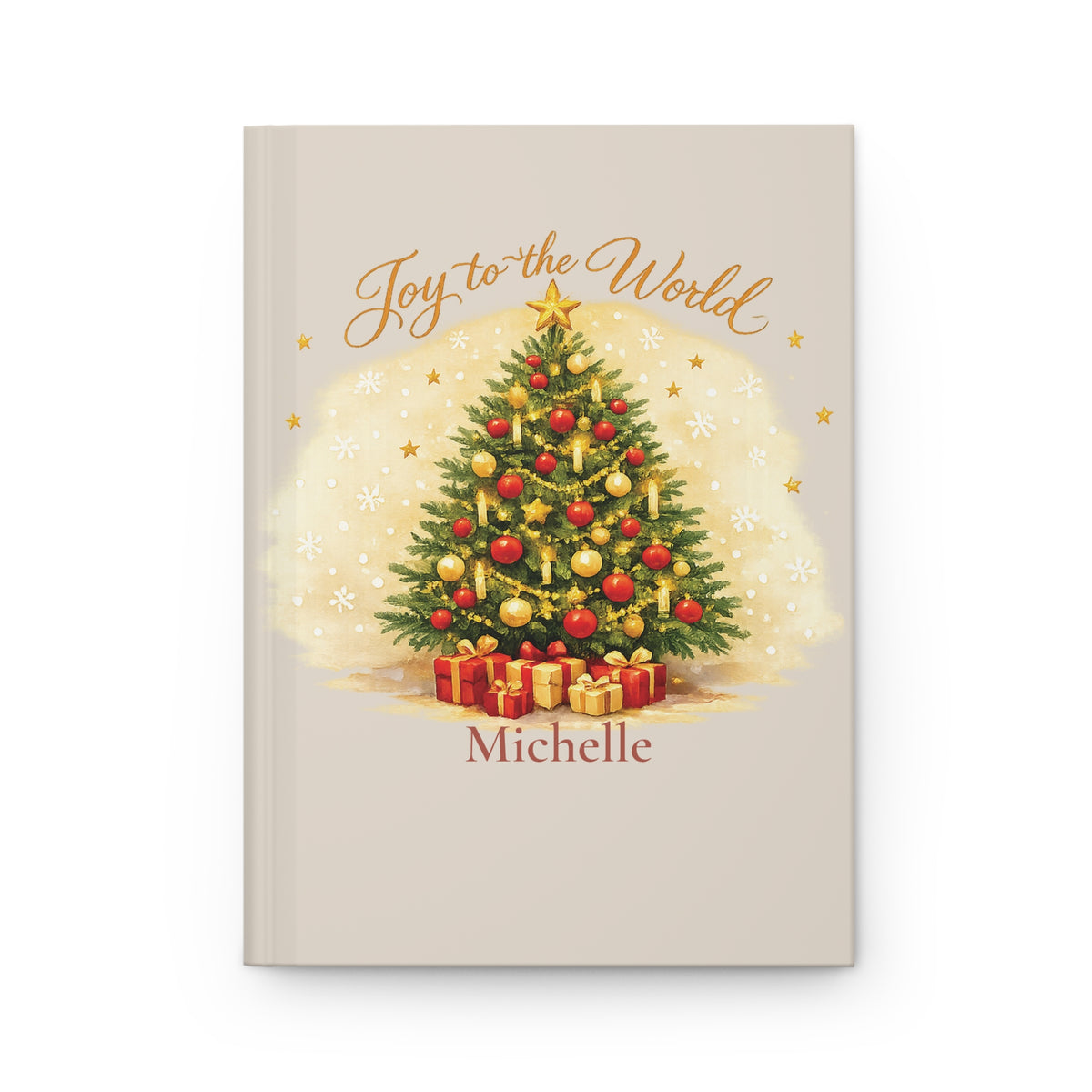 Joy to the World personalized journal open flat showing custom name on cover with Christmas tree illustration