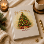 Closed Joy to the World hardcover journal standing upright showing the spine