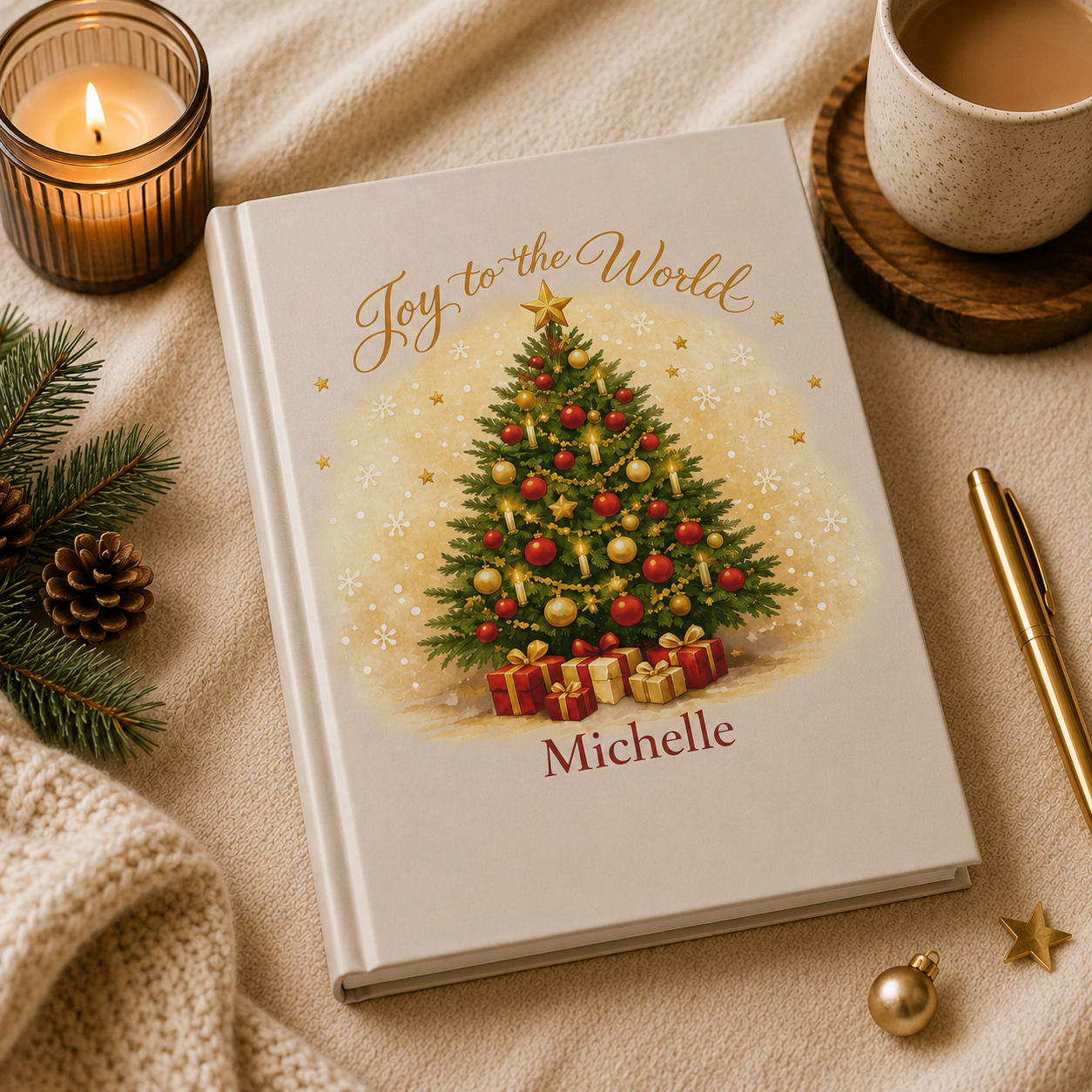 Closed Joy to the World hardcover journal standing upright showing the spine