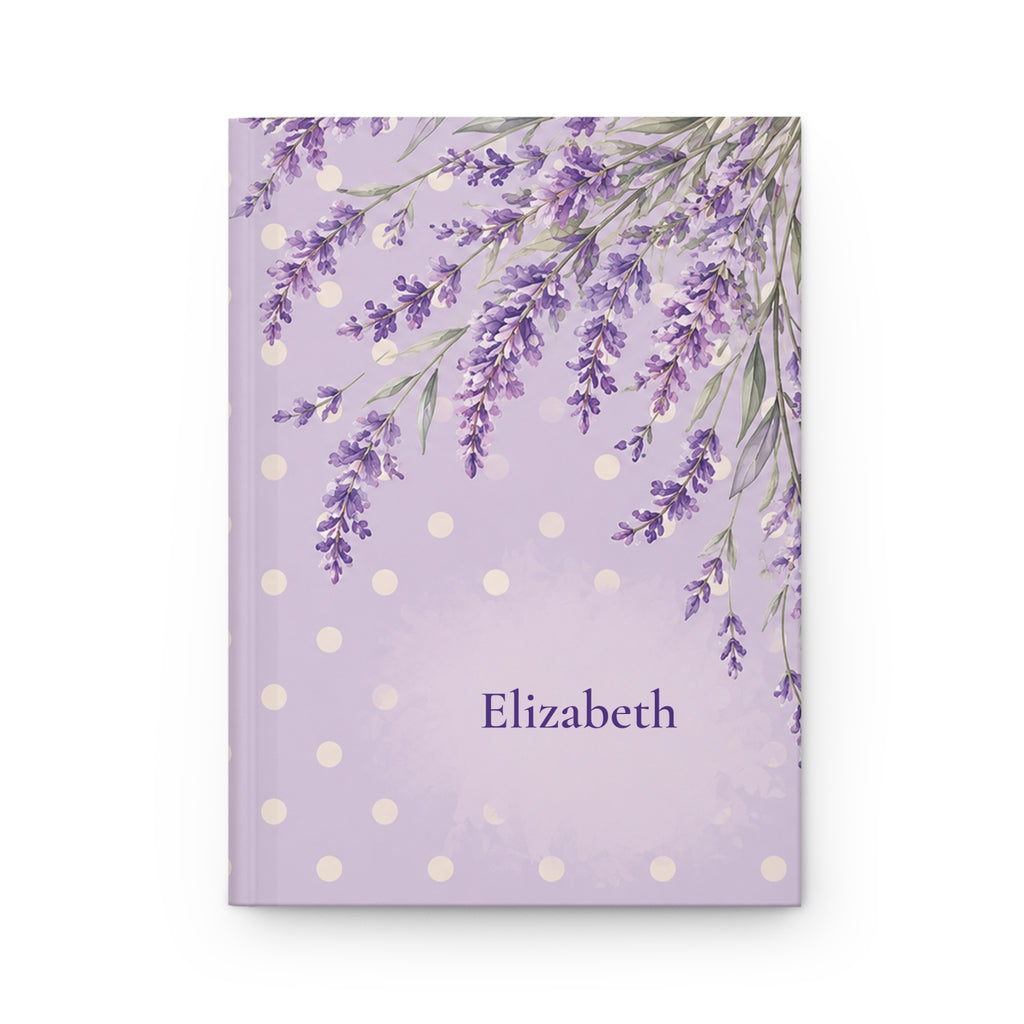 Lavender Fields personalized journal open flat showing custom name on lilac polka-dot cover with lavender illustration