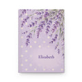 Lavender Fields personalized journal open flat showing custom name on lilac polka-dot cover with lavender illustration