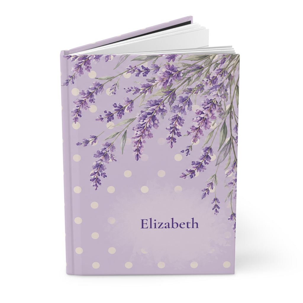 Close-up of the Lavender Fields journal cover showing lavender sprig illustration and personalized name